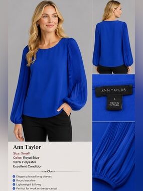 Ann Taylor Royal Blue Pleated Sleeve Blouse Size Small Long Sleeve
